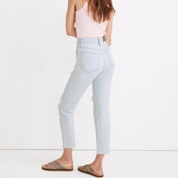 Madewell The Momjean Harman Wash High Rise Raw Hem Light Blue Distressed 28 - Picture 4 of 10